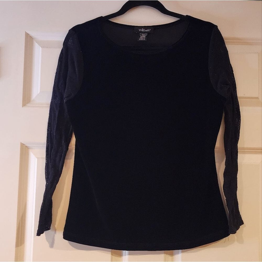 Willi Smith black velour lace sleeve top L